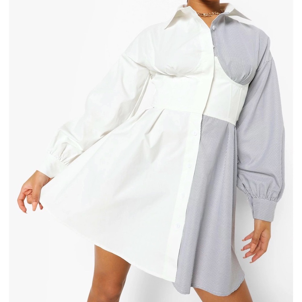 ✨Boohoo
Contrast Corset Detail Shirt Dress 🤍💙